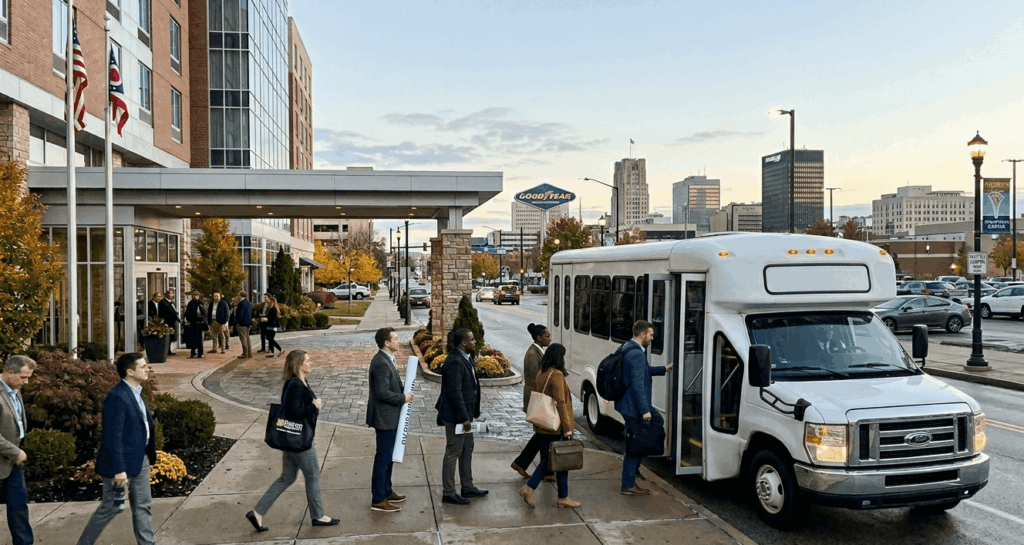 conference attendees boarding a hotel shuttle bus before an event in akron