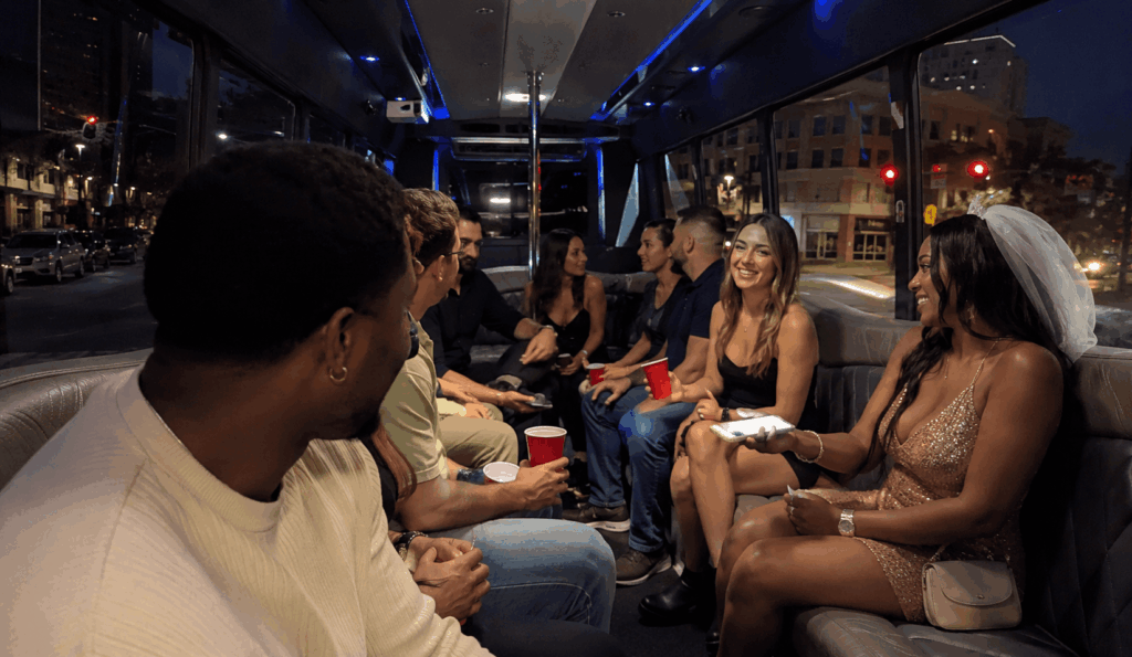 group arriving by party bus at a local brewery during an akron bachelor and bachelorette celebration