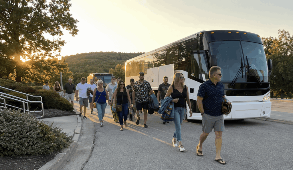 charter bus dropping off concertgoers near blossom music center before an evening concert in cuyahoga falls