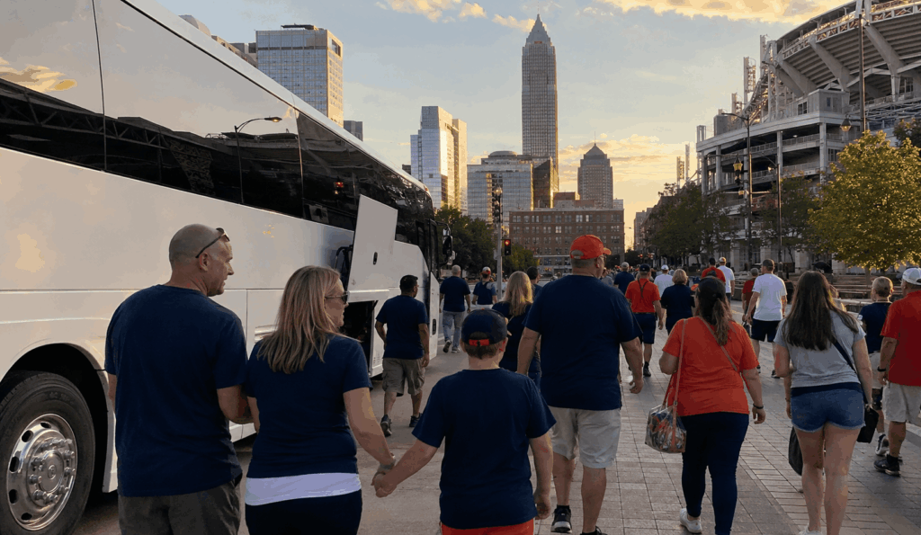 group arriving by charter bus for a cleveland sports event near downtown stadiums