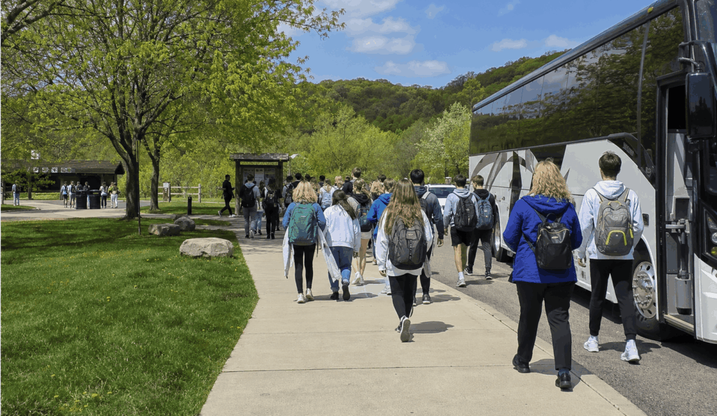 students arriving by charter bus at cuyahoga valley national park near akron