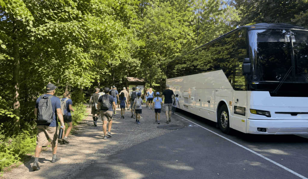 charter bus dropping off a hiking group near cuyahoga valley national park in ohio