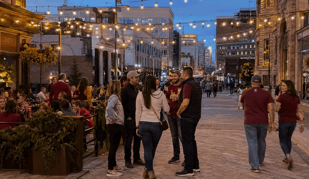 friends gathering on east 4th street in cleveland before walking to a cavaliers game