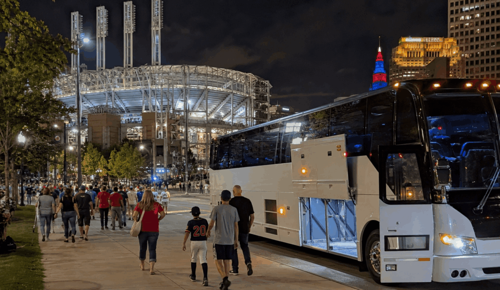 charter bus waiting for passengers after a cleveland baseball game near progressive field