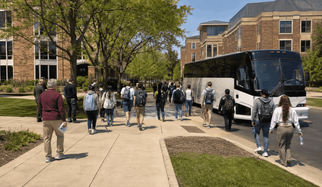 charter bus waiting near a university visitor center during a student college tour in ohio
