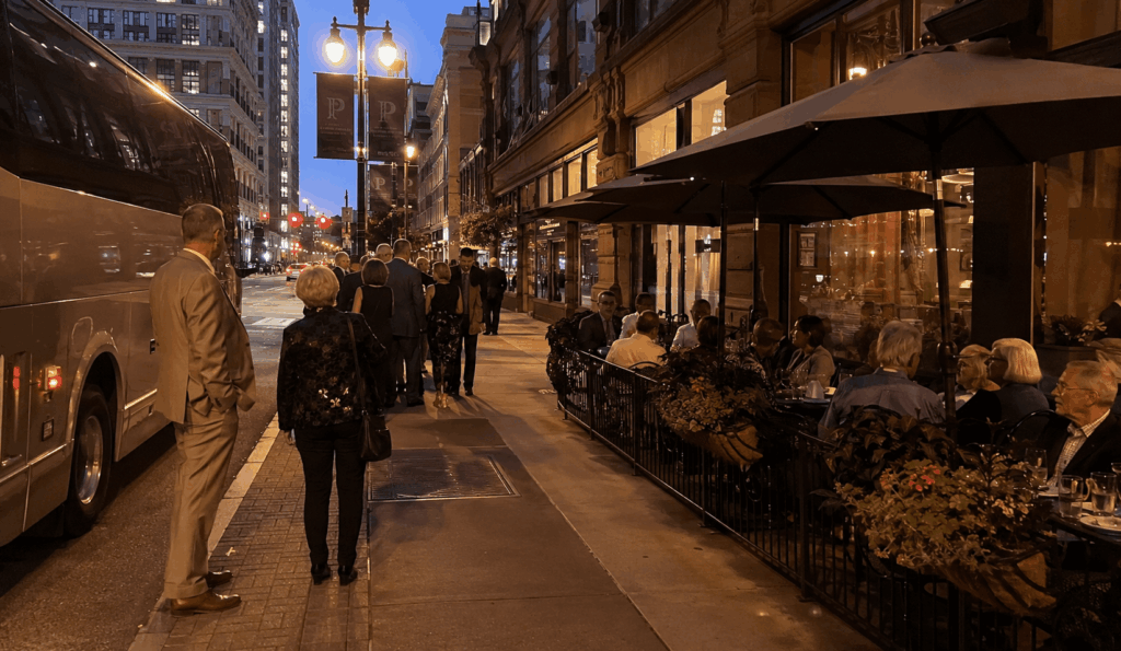 group arriving in downtown cleveland for dinner before a playhouse square performance